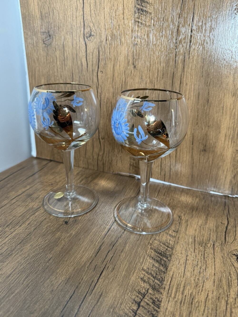 Vintage Romania Bohemian Hand-Painted Stemmed Glasses Pair Gold Blue